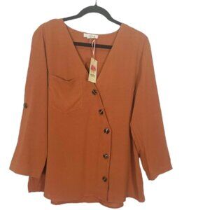 Entro NEW Womens Assymetrical Buttons Roll Tab Sleeve Top Blouse Sz L Terracotta